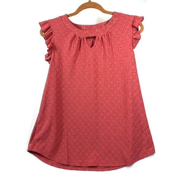 M & Co UK Short Flutter Sleeve Top In Crimson Eyelet Fabric Size Large - Picture 1 of 5